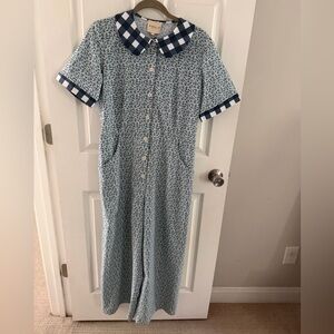 Girls Light Blue Floral Pajama Jumpsuit with Navy Gingham Trim